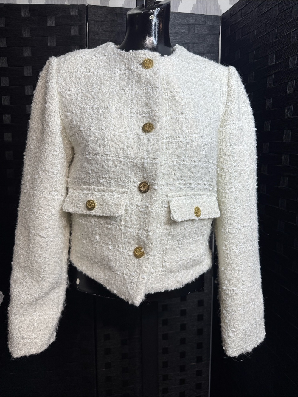 Mark Edwards Studio Tweed Crop Blazer Jacket Ivory Sz M